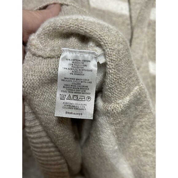 Loft Beige Striped Sweater Hoodie Size M Pockets Cowl Neck - Picture 6 of 9